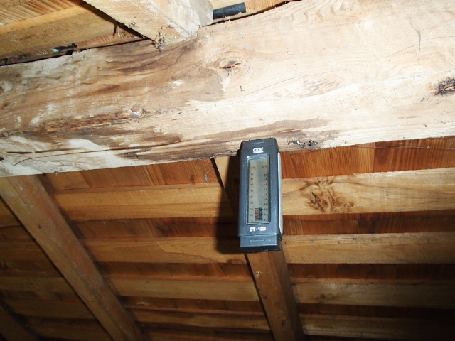 小屋裏の雨漏り跡